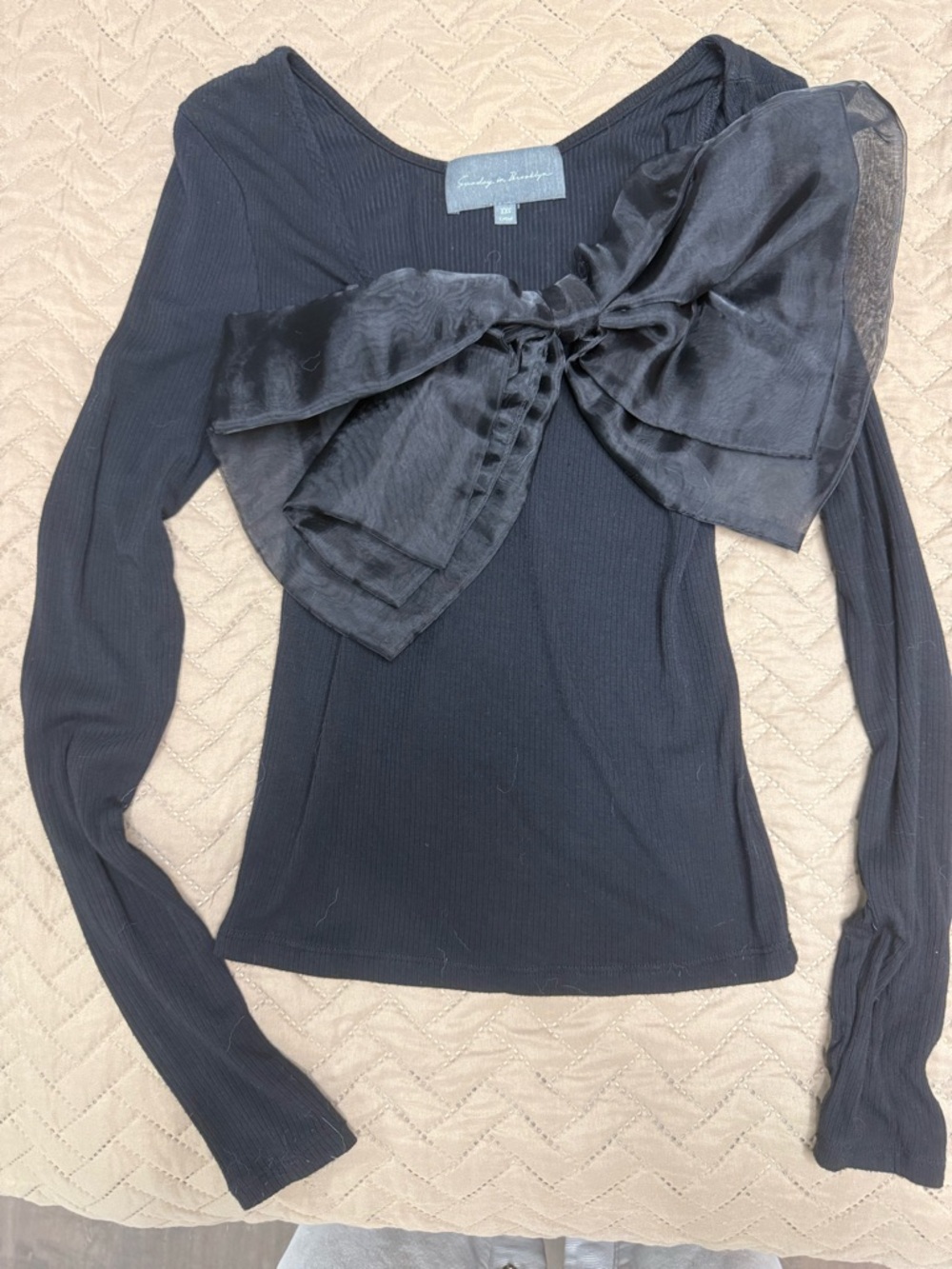 Sunday in Brooklyn Black Long-Sleeve Ribbed Top with Organza Bow